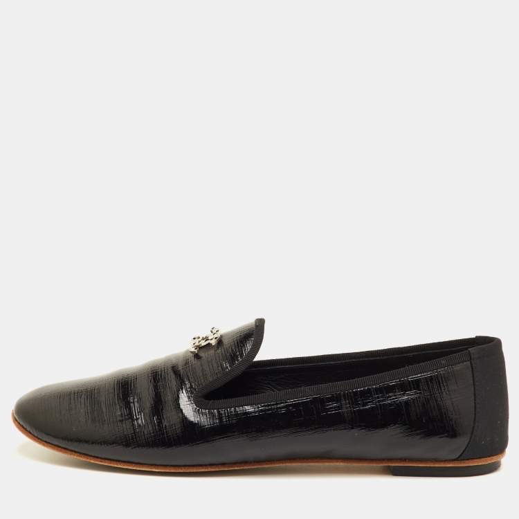 Pre Owned Chanel CC Size 40.5 Black Patent Leather Slip On Smoking Slippers