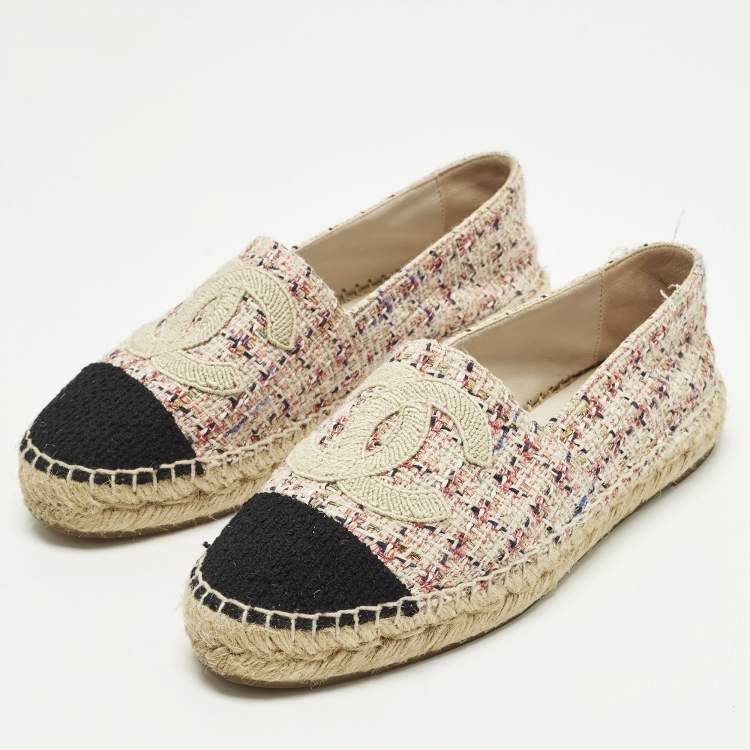Pre Owned Chanel CC Size 36 Multicolor Fabric and Tweed Cap Toe Espadrille Flats