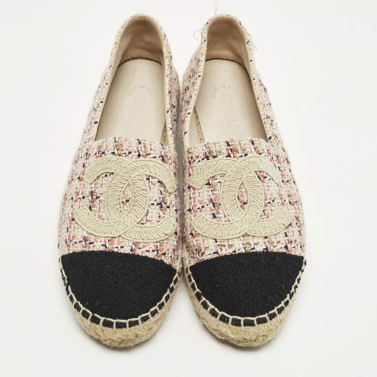 Pre Owned Chanel CC Size 36 Multicolor Fabric and Tweed Cap Toe Espadrille Flats