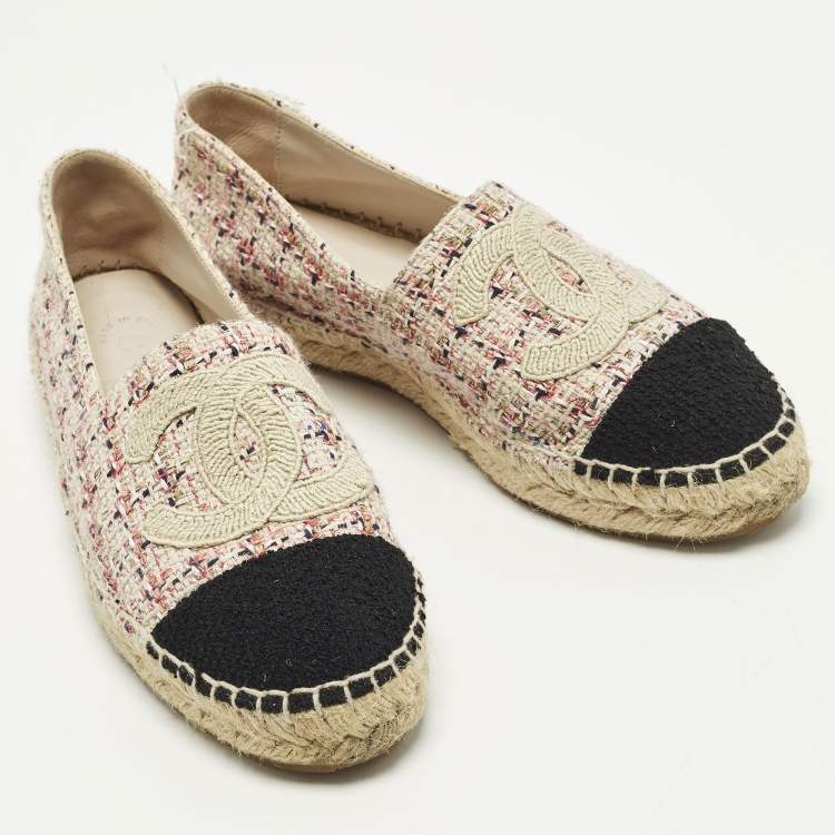 Pre Owned Chanel CC Size 36 Multicolor Fabric and Tweed Cap Toe Espadrille Flats