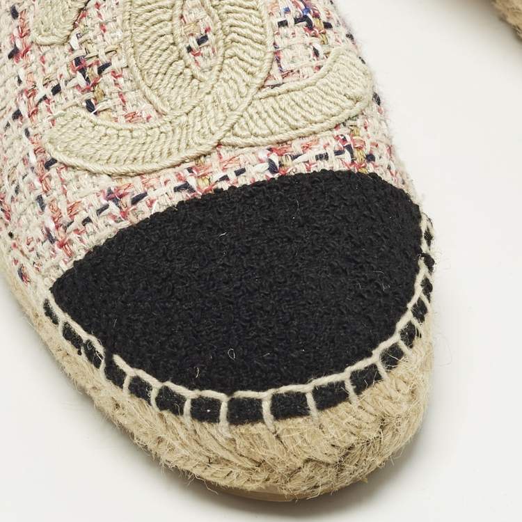 Pre Owned Chanel CC Size 36 Multicolor Fabric and Tweed Cap Toe Espadrille Flats