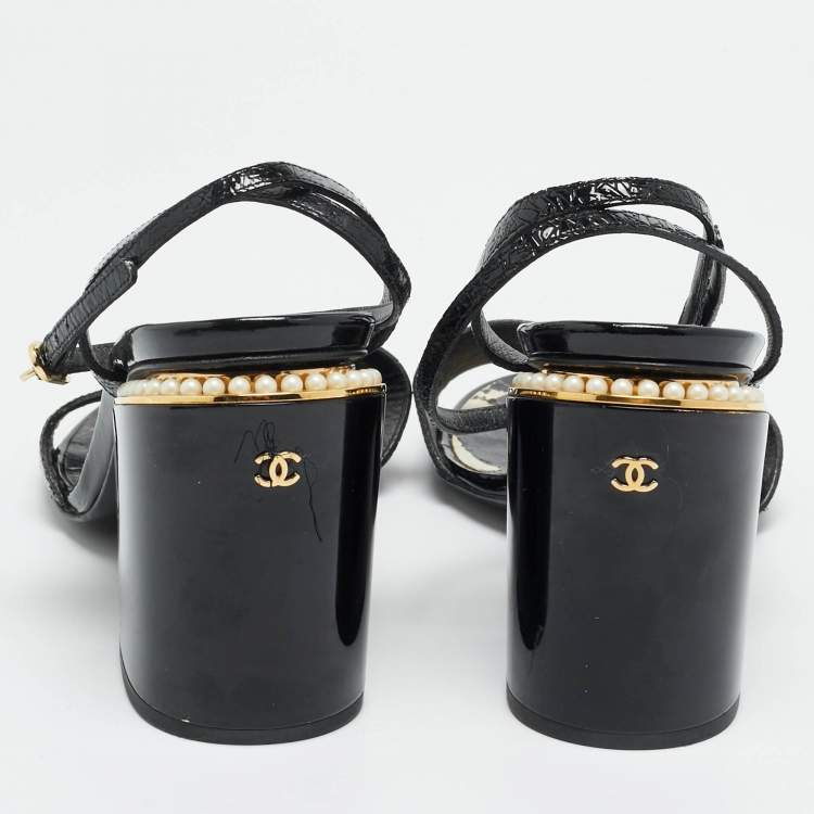 Pre Owned Chanel Size 41 Black Leather  CC Pearl Embellished Ankle Strap Sandals