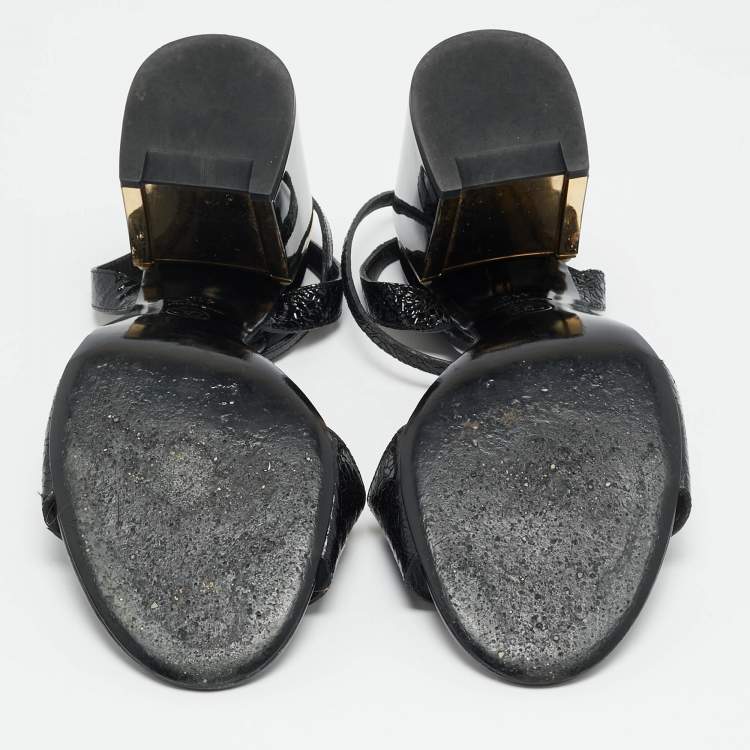 Pre Owned Chanel Size 41 Black Leather  CC Pearl Embellished Ankle Strap Sandals