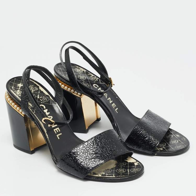 Pre Owned Chanel Size 41 Black Leather  CC Pearl Embellished Ankle Strap Sandals