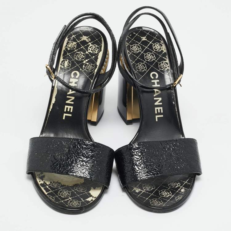 Pre Owned Chanel Size 41 Black Leather  CC Pearl Embellished Ankle Strap Sandals