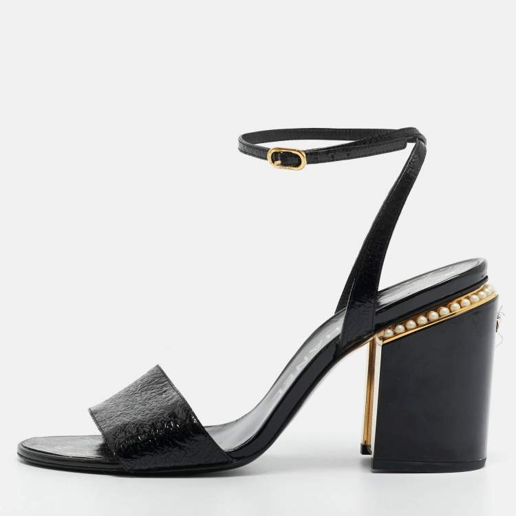 Pre Owned Chanel Size 41 Black Leather  CC Pearl Embellished Ankle Strap Sandals