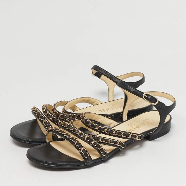 Pre Owned Chanel Size 38.5 Black Leather CC Chain Link  Ankle Strap Sandals