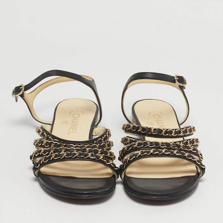 Pre Owned Chanel Size 38.5 Black Leather CC Chain Link  Ankle Strap Sandals