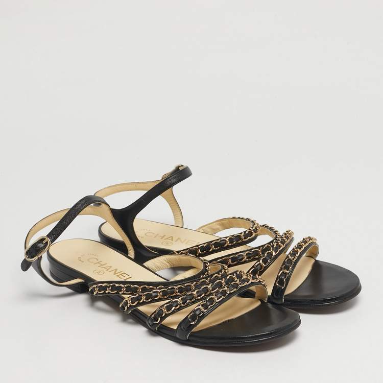Pre Owned Chanel Size 38.5 Black Leather CC Chain Link  Ankle Strap Sandals