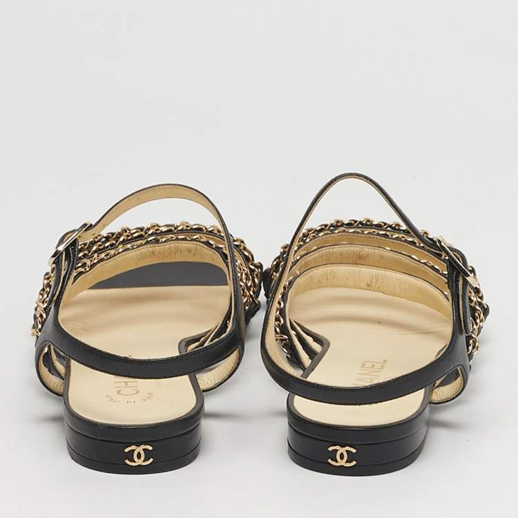 Pre Owned Chanel Size 38.5 Black Leather CC Chain Link  Ankle Strap Sandals