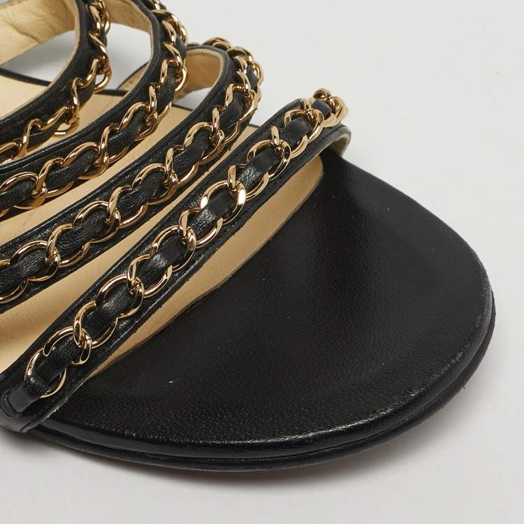 Pre Owned Chanel Size 38.5 Black Leather CC Chain Link  Ankle Strap Sandals
