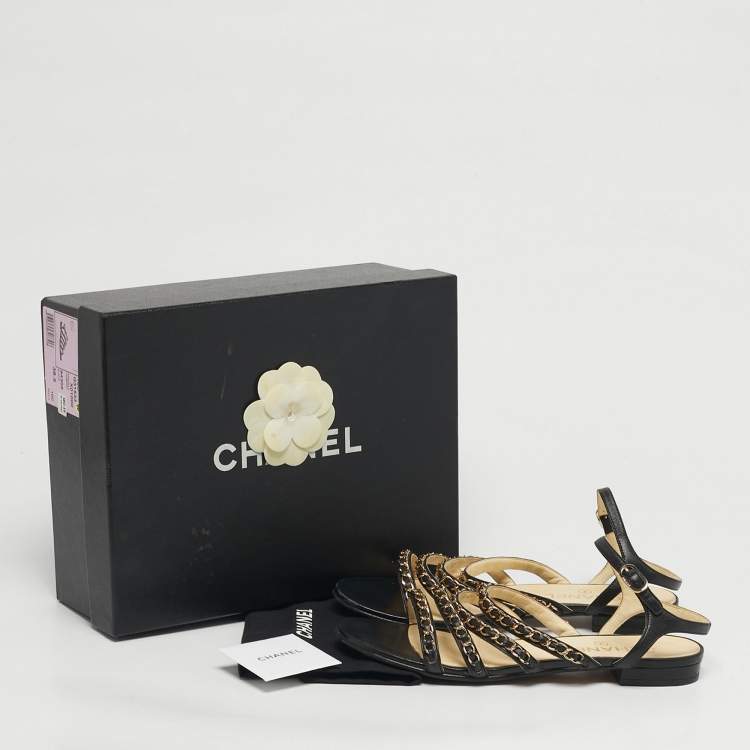 Pre Owned Chanel Size 38.5 Black Leather CC Chain Link  Ankle Strap Sandals