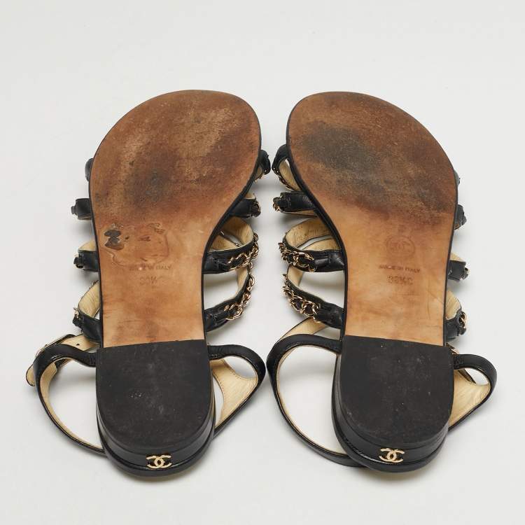 Pre Owned Chanel Size 38.5 Black Leather CC Chain Link  Ankle Strap Sandals
