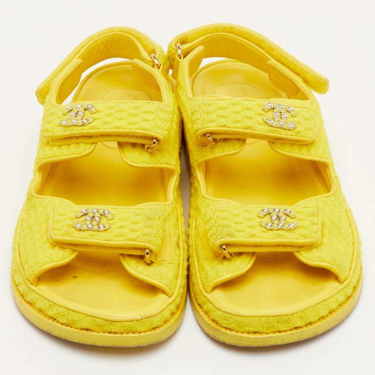 Pre Owned Chanel Dad Size 37.5 Yellow Fabric CC Ankle Strap Flat Sandals