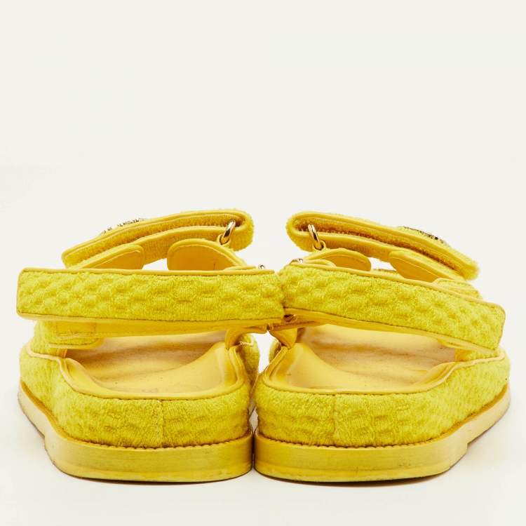 Pre Owned Chanel Dad Size 37.5 Yellow Fabric CC Ankle Strap Flat Sandals