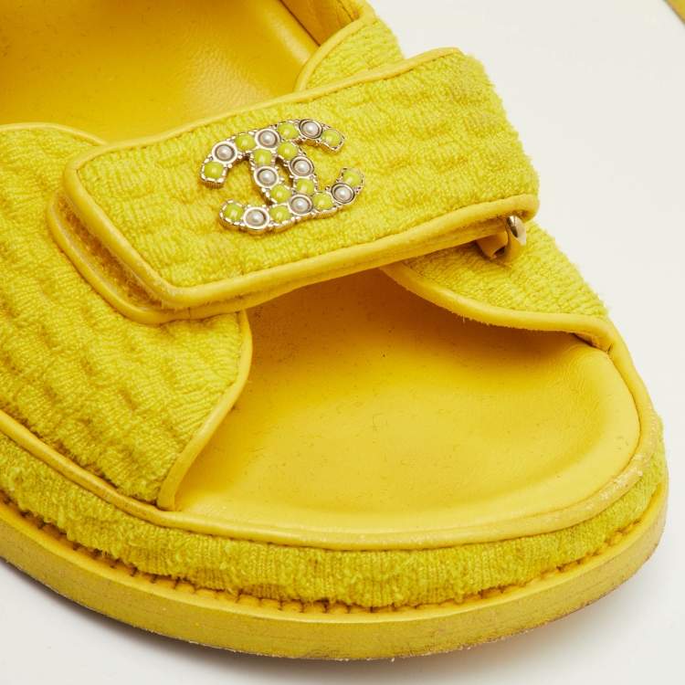 Pre Owned Chanel Dad Size 37.5 Yellow Fabric CC Ankle Strap Flat Sandals