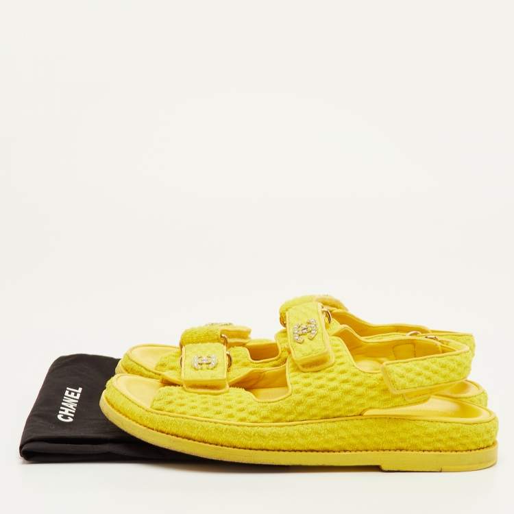 Pre Owned Chanel Dad Size 37.5 Yellow Fabric CC Ankle Strap Flat Sandals