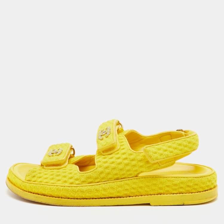 Pre Owned Chanel Dad Size 37.5 Yellow Fabric CC Ankle Strap Flat Sandals