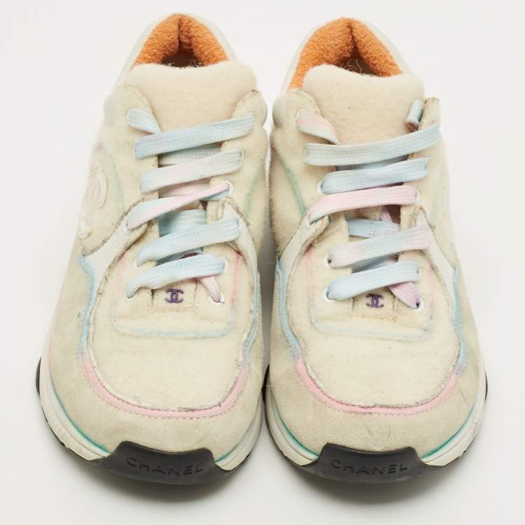 Pre Owned Chanel Interlocking CC Size 37 Grey/Pink Suede and Tweed Low Top Sneakers                 