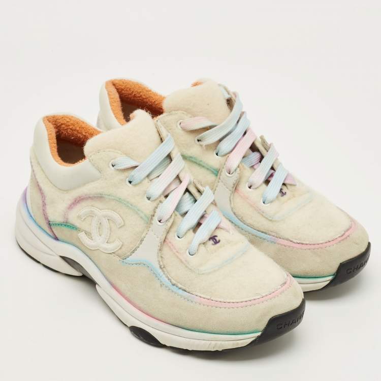 Pre Owned Chanel Interlocking CC Size 37 Grey/Pink Suede and Tweed Low Top Sneakers                 