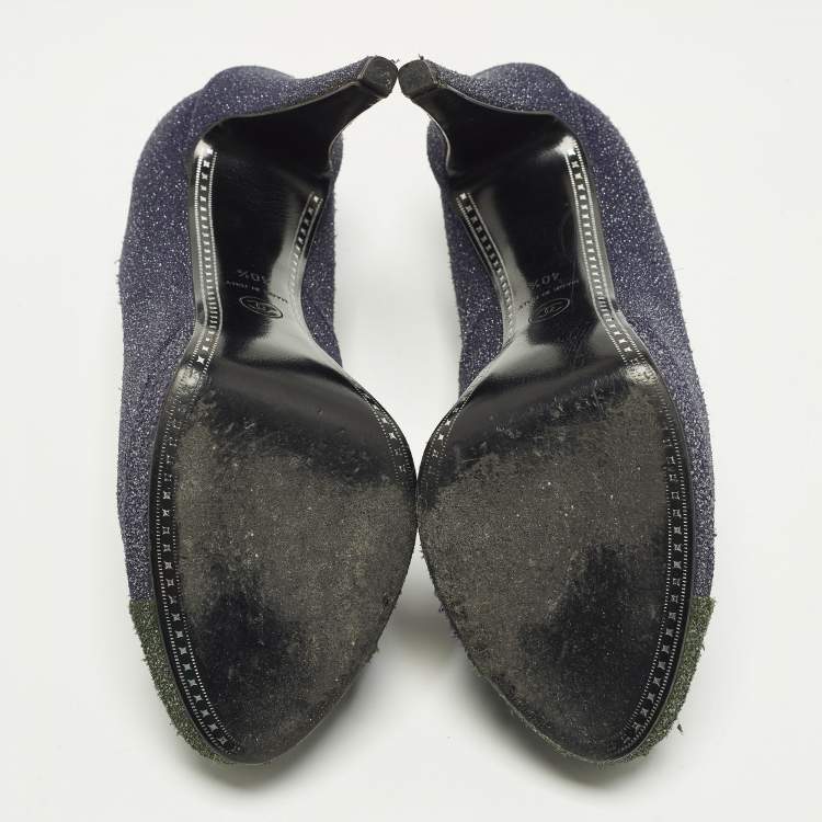 Pre Owned Chanel Size 40.5 Green/Purple Glitter and Leather Interlocking CC Logo Pumps