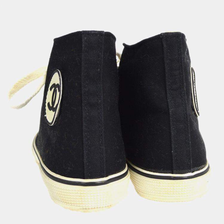 Pre Owned Chanel High Cut Sneakers String Shoes Black White #38