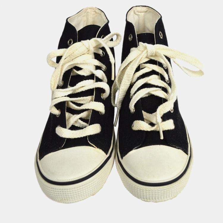 Pre Owned Chanel High Cut Sneakers String Shoes Black White #38