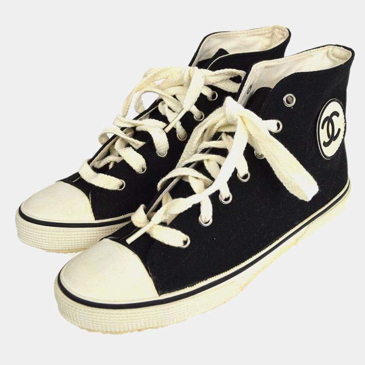 Pre Owned Chanel High Cut Sneakers String Shoes Black White #38