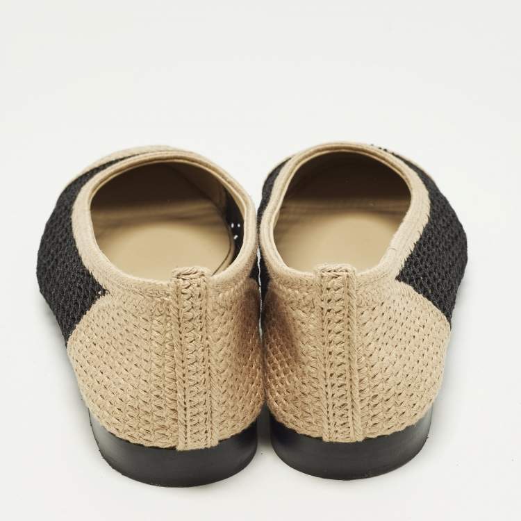 Pre Owned Chanel CC Size 40.5 Beige/Black Knit Fabric Ballet Flats