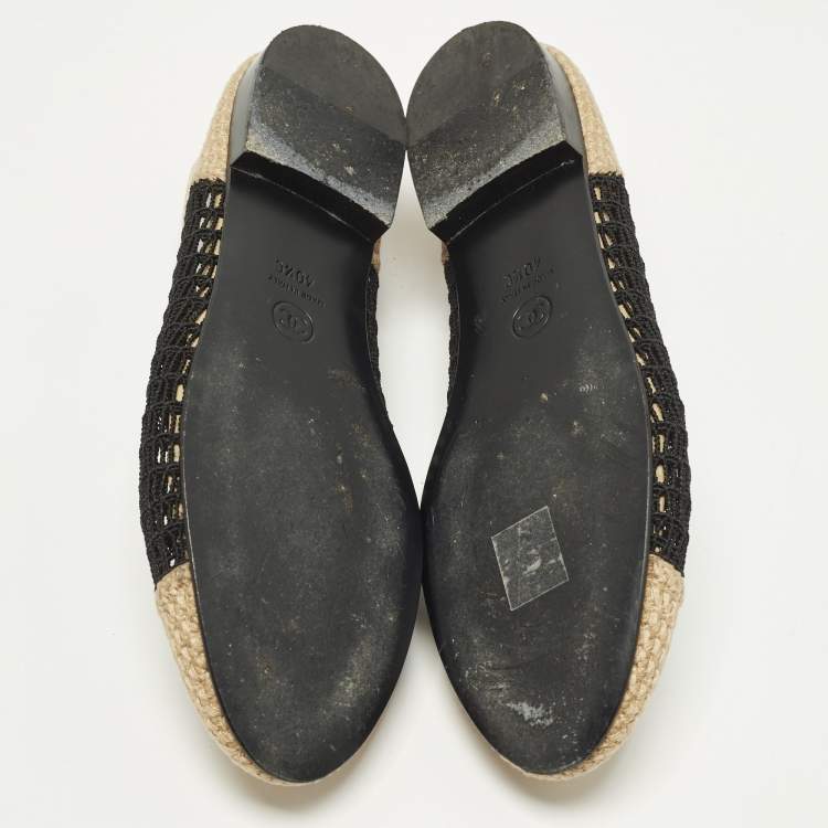 Pre Owned Chanel CC Size 40.5 Beige/Black Knit Fabric Ballet Flats