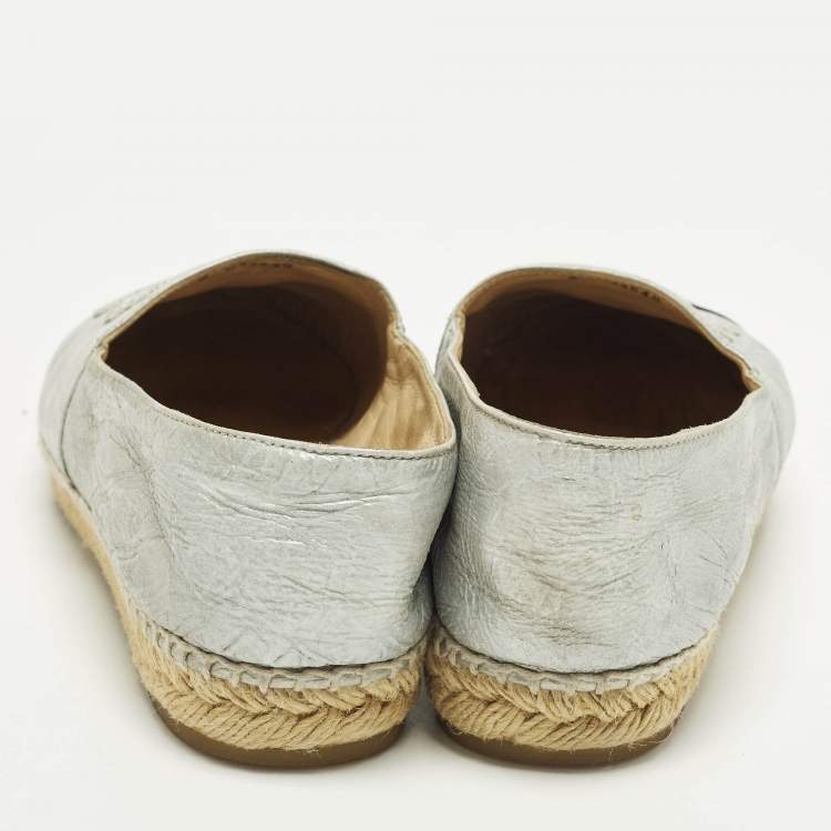 Pre Owned Chanel CC Size 40 Silver/Black Canvas and Leather Cap Toe Espadrille Flats
