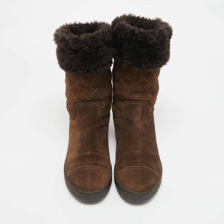 Pre Owned Chanel Size 36.5 Brown Quilted Suede Mid Calf Boots 