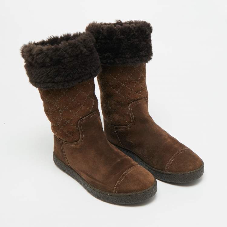 Pre Owned Chanel Size 36.5 Brown Quilted Suede Mid Calf Boots 
