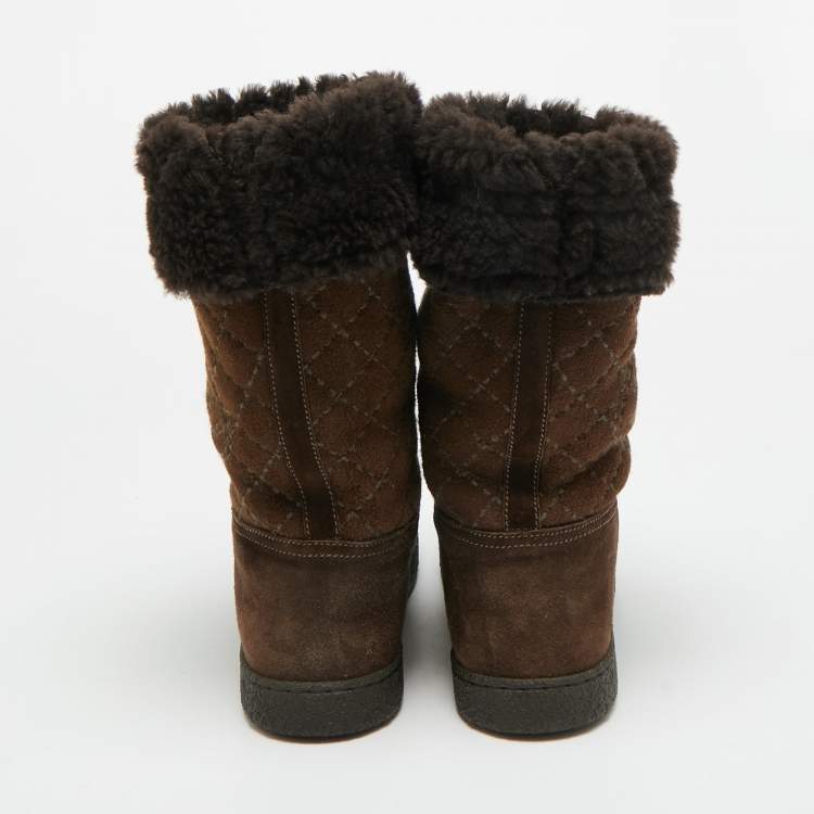 Pre Owned Chanel Size 36.5 Brown Quilted Suede Mid Calf Boots 