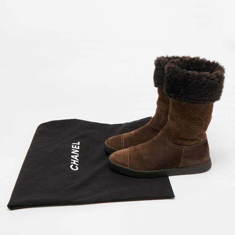 Pre Owned Chanel Size 36.5 Brown Quilted Suede Mid Calf Boots 