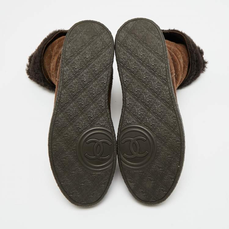 Pre Owned Chanel Size 36.5 Brown Quilted Suede Mid Calf Boots 