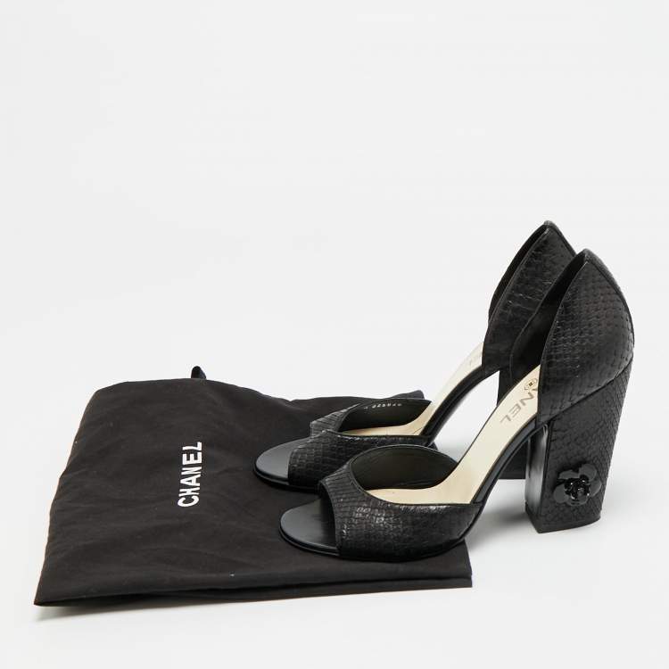 Pre Owned Chanel CC Camellia Size 39.5 Black Snakeskin Leather Flower Embellished D'orsay Block Heel Pumps