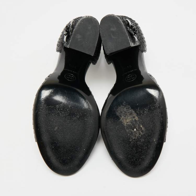 Pre Owned Chanel CC Camellia Size 39.5 Black Snakeskin Leather Flower Embellished D'orsay Block Heel Pumps