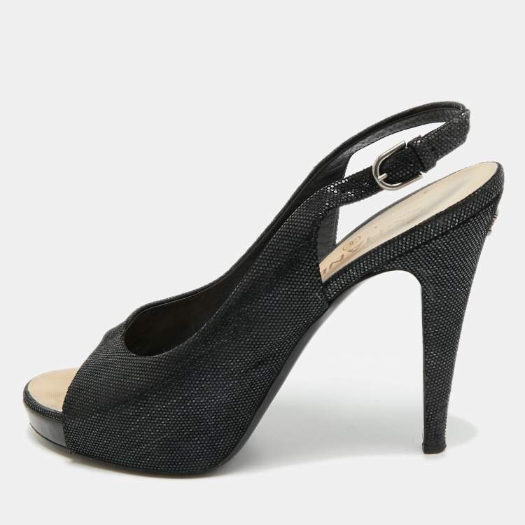 Pre Owned Chanel CC Size 40.5 Black Texture Suede Open Toe Slingback Pumps