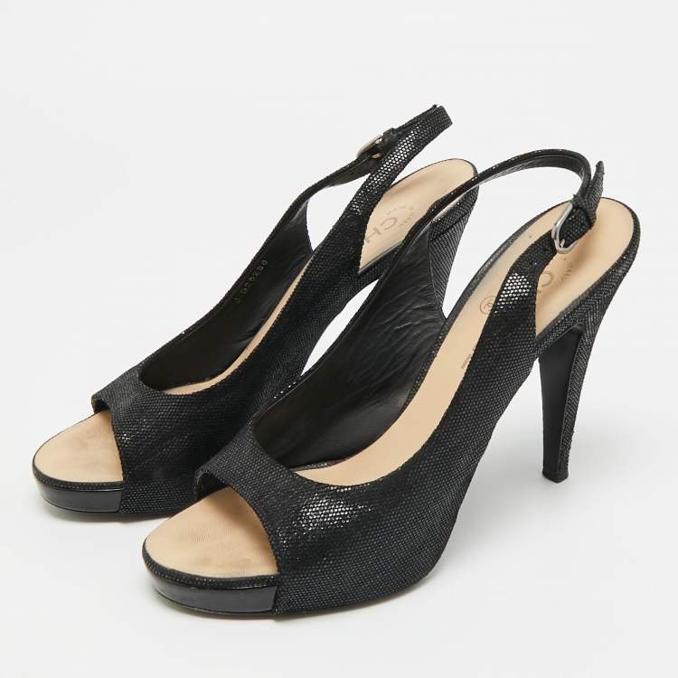 Pre Owned Chanel CC Size 40.5 Black Texture Suede Open Toe Slingback Pumps