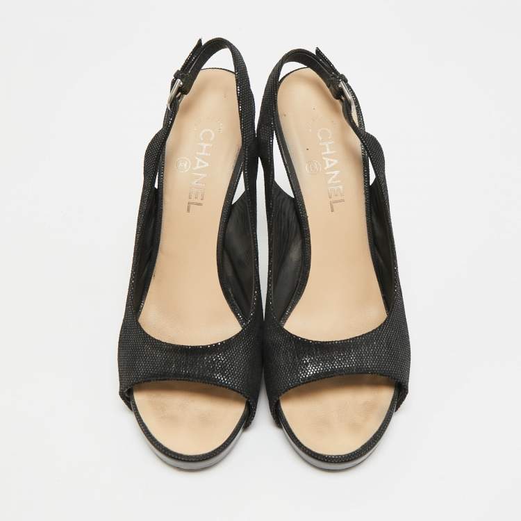 Pre Owned Chanel CC Size 40.5 Black Texture Suede Open Toe Slingback Pumps