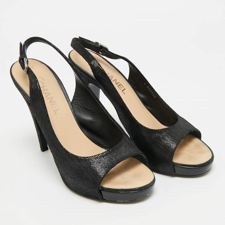 Pre Owned Chanel CC Size 40.5 Black Texture Suede Open Toe Slingback Pumps