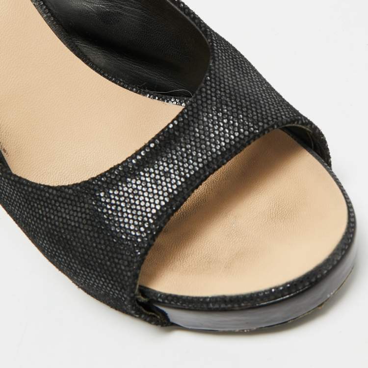 Pre Owned Chanel CC Size 40.5 Black Texture Suede Open Toe Slingback Pumps