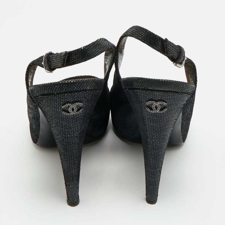 Pre Owned Chanel CC Size 40.5 Black Texture Suede Open Toe Slingback Pumps