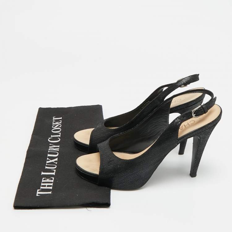 Pre Owned Chanel CC Size 40.5 Black Texture Suede Open Toe Slingback Pumps