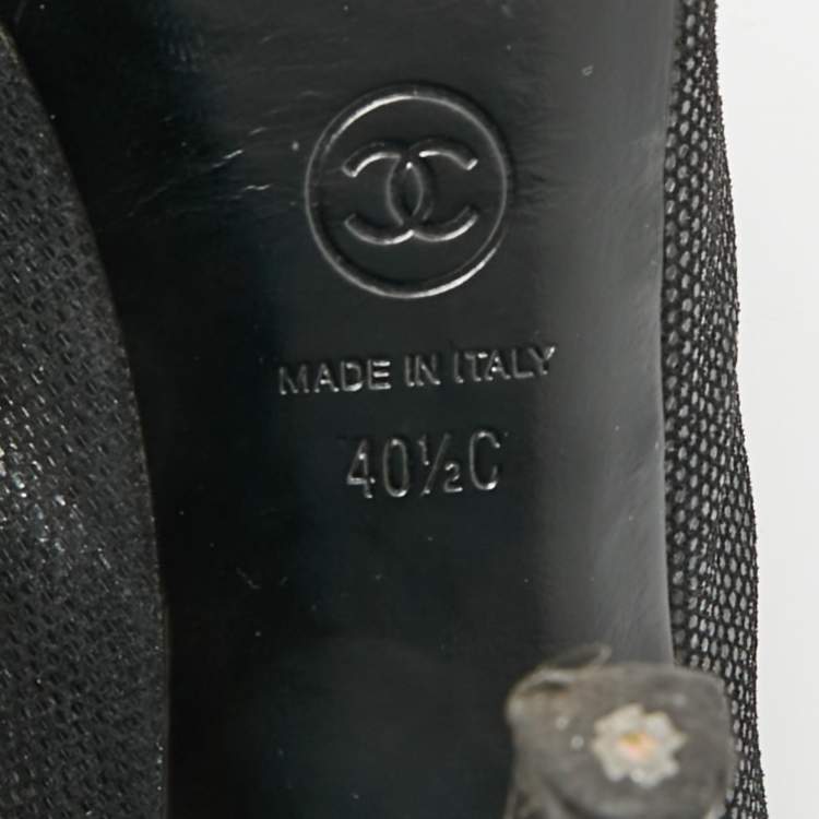 Pre Owned Chanel CC Size 40.5 Black Texture Suede Open Toe Slingback Pumps