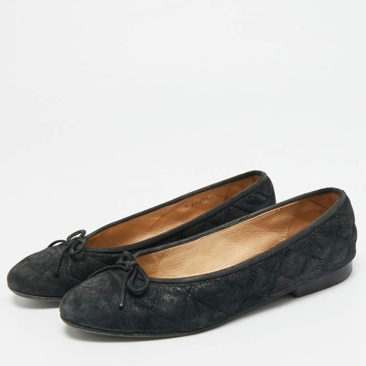Pre Owned Chanel CC Size 37 Black Quilted Leather Bow Cap Toe Ballet Flats