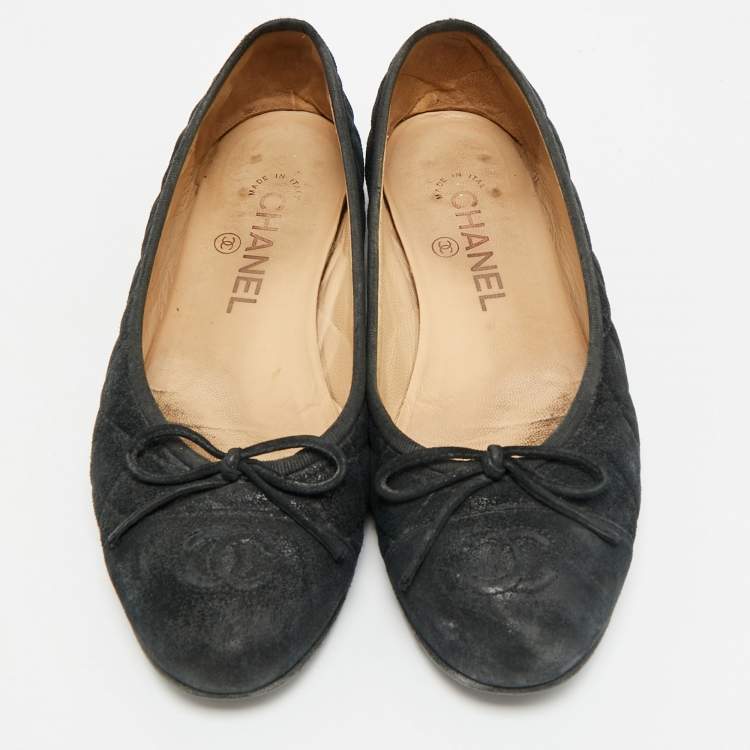 Pre Owned Chanel CC Size 37 Black Quilted Leather Bow Cap Toe Ballet Flats