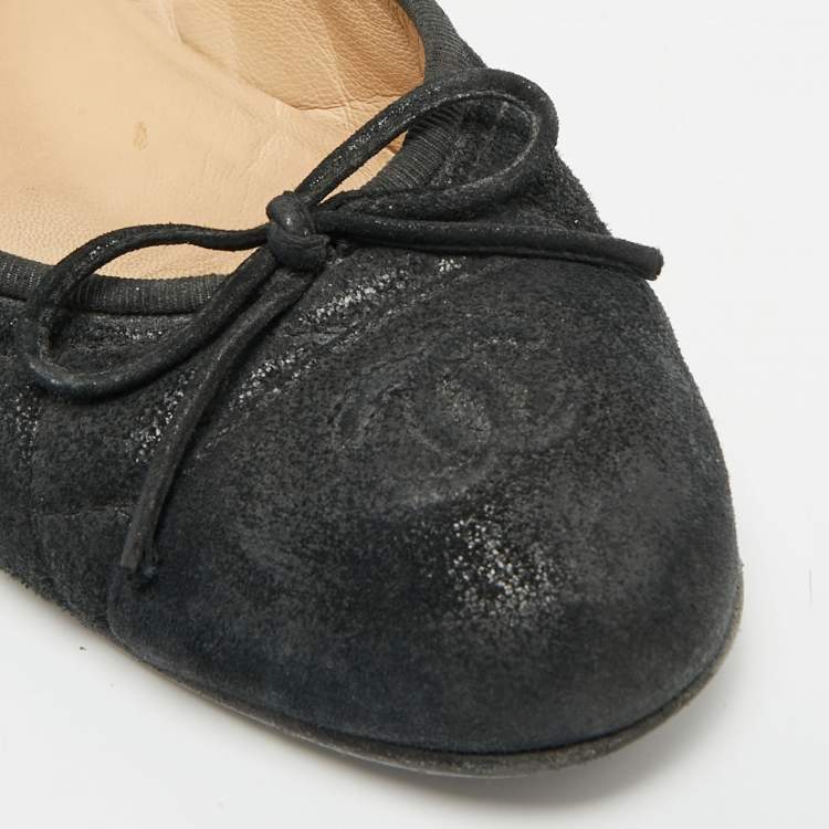 Pre Owned Chanel CC Size 37 Black Quilted Leather Bow Cap Toe Ballet Flats