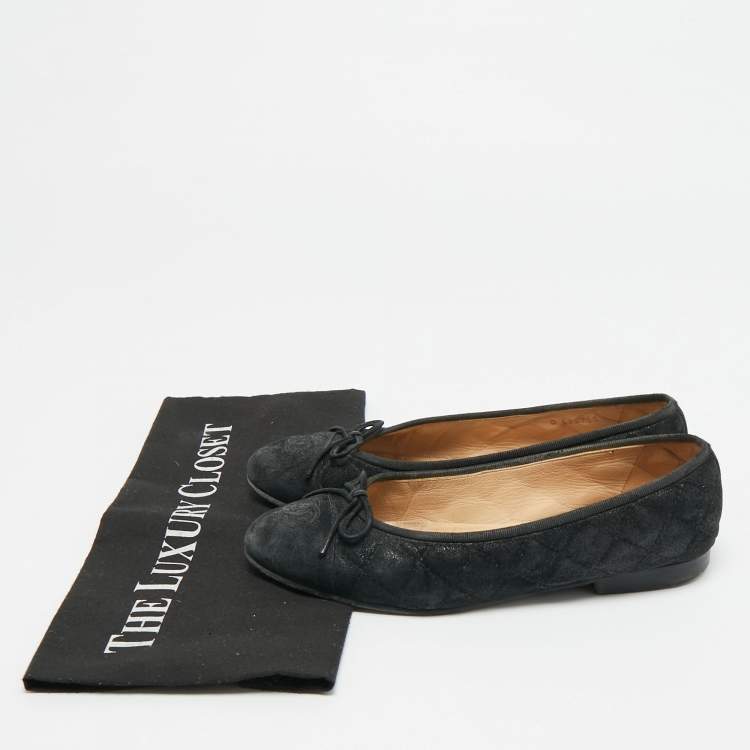 Pre Owned Chanel CC Size 37 Black Quilted Leather Bow Cap Toe Ballet Flats